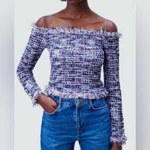 Zara Frayed Off Shoulder Tweed Top Faux Pearl Button Cuff Blue Metallic Pink NWT